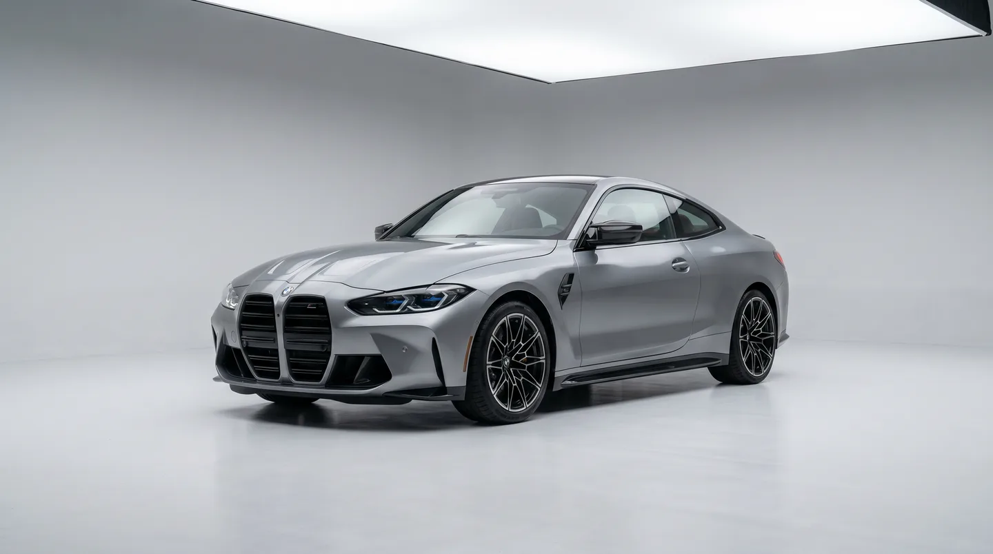 BMW M4 in three-quarter front view showing which panels each PPF coverage tier protects